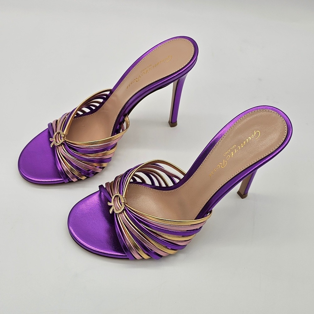 Gianvito Rossi Sandals Women Silk 115 High Heel Purple Gold Metallic Strappy 7.5 - Picture 3 of 8